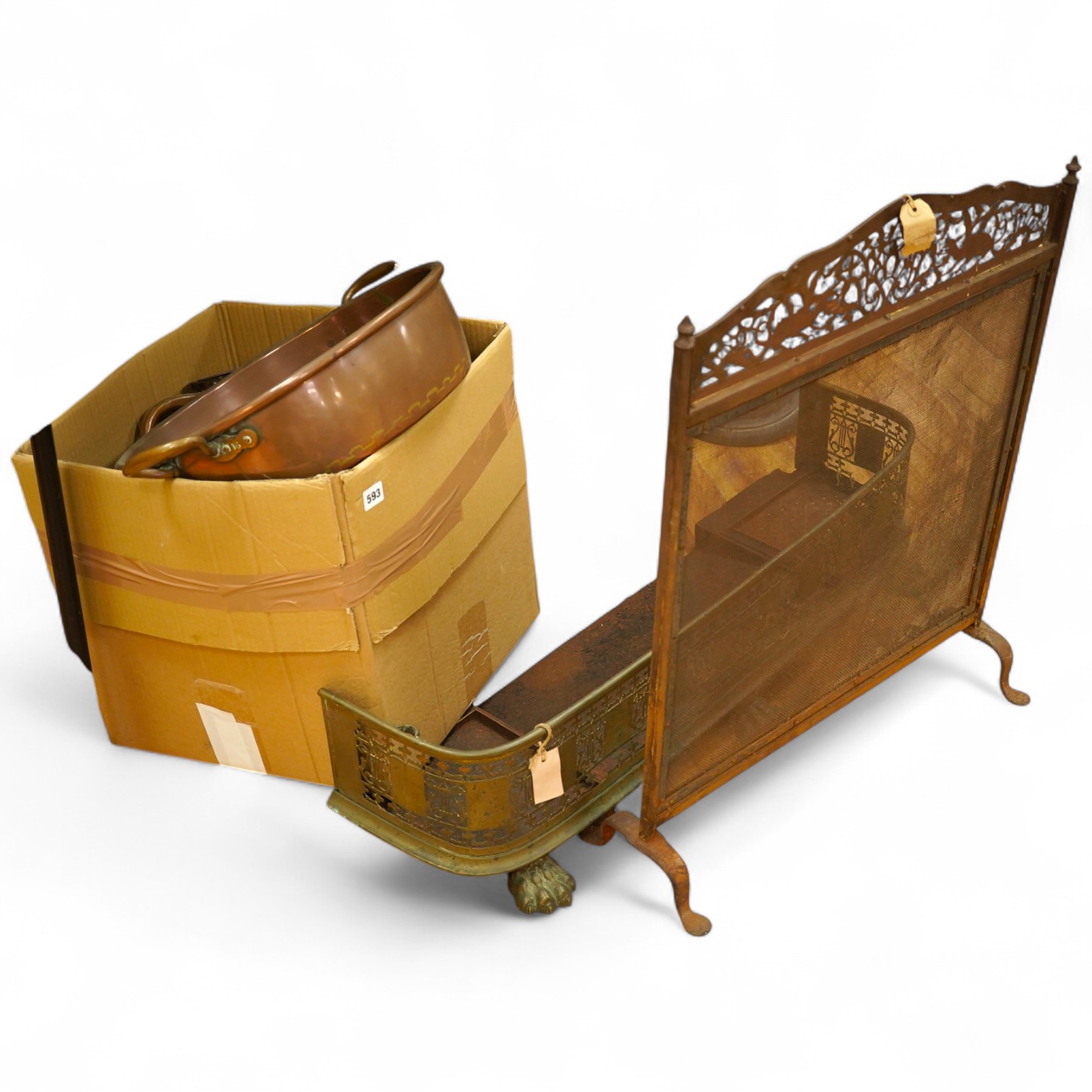 A collection of Victorian copper and fireside accessories, 96cm wide. Condition - varies